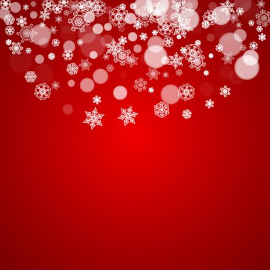 Kırmızı arka planda kar yağan bir Noel çerçevesi. Noel Baba renkleri. Afişler, hediye kartları, parti davetiyeleri ve özel iş teklifleri için beyaz buz gibi kar taneleriyle mutlu Noeller..