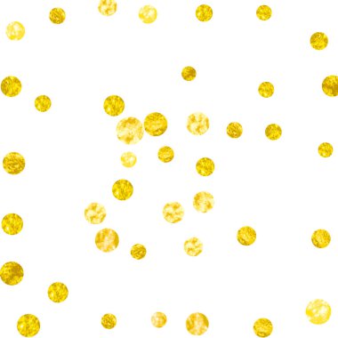 Arkaplanda noktalar olan altın parıltısı konfetileri. Işıltılı ve parıltılı parlak pullar. Tebrik kartı, düğün öncesi parti ve davetiye için altın parıltılı konfeti şablonu.
