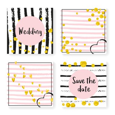 Çizgili düğün simleri konfetisi. Davetiye ayarlandı. Siyah ve pembe arka planda altın kalpler ve noktalar. Parti, etkinlik, düğün öncesi parti için parıltılı şablon, tarih kartını kaydet.