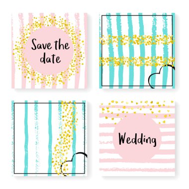 Çizgili düğün simleri konfetisi. Davetiye ayarlandı. Pembe ve nane arkaplanda altın kalpler ve noktalar. Parti, etkinlik, gelin partisi için düğün simli tasarım, tarih kartını kaydet.