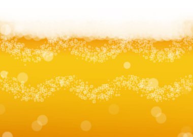 Gerçekçi baloncuklu bira arka planı. Bar ve bar tasarımı için serin sıvı içecek, afişler ve afişler. Beyaz köpüklü sarı yatay bira arka planı. Soğuk bira ya da bira..