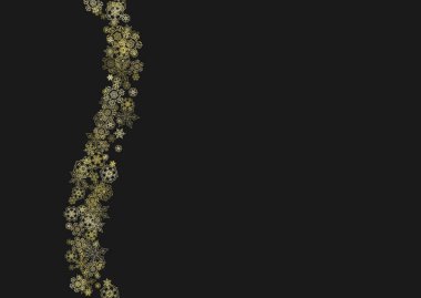 Siyah arkaplanda altın kar taneleri çerçevesi. Yeni yıl teması. Bayram afişi, kart, satış ve özel fiyat için yatay parlak bir Noel çerçevesi. Altın kar taneleriyle yağan kar ve parti için ışıltı.