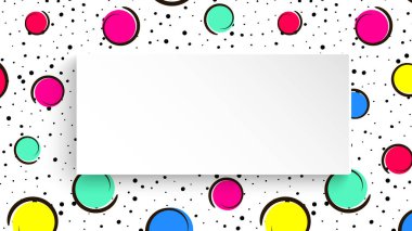 Pop sanatının renkli konfeti geçmişi. Siyah noktalar ve mürekkep çizgileriyle beyaz arka planda büyük renkli lekeler ve daireler. Pop sanat tarzında 3 boyutlu kağıt tabakla afiş. Broşür, satış ve reklam için modaya uygun bir şablon