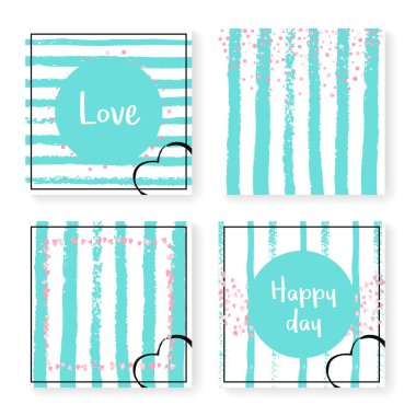 Parlak konfetiyle düğün çizgileri. Davetiye ayarlandı. Nane ve beyaz arka planda pembe kalpler ve noktalar. Parti, etkinlik, düğün öncesi parti için çizgili şablon, tarih kartını kaydet.