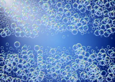 Banyo köpüğü eğimli arka planda. Gerçekçi su kabarcıkları 3 boyutlu. Şampuan köpüklü serin gökkuşağı renkli sıvı köpük. Yatay kozmetik broşür ve davetiye. Banyo köpüğü banyo ve duş için..