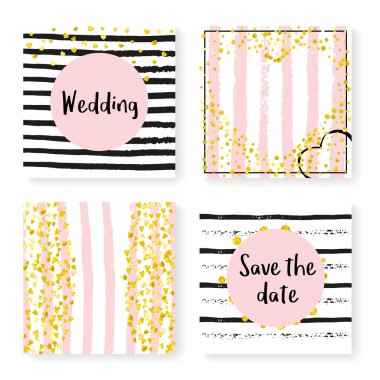 Çizgili düğün konfetisi. Davetiye ayarlandı. Siyah ve pembe arka planda altın kalpler ve noktalar. Parti için düğün konfetisi şablonu, etkinlik, gelin partisi, tarih kartını kaydet.