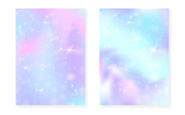 Kawaii gökkuşağı gradyanı olan prenses arkaplanı. Sihirli tek boynuzlu at hologramı. Holografik peri seti. Spektrum fantezi kapağı. Hoş kız partisi daveti için pırıltılı ve yıldızlı prenses arkaplanı.