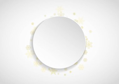 Beyaz yatay arkaplanda parlak kar taneleri çerçevesi. Kağıt Noel ve yeni yıl çerçevesi hediye çekleri, reklamlar, afişler, el ilanları. Parti için altın parıltılı kar taneleriyle yağan kar.