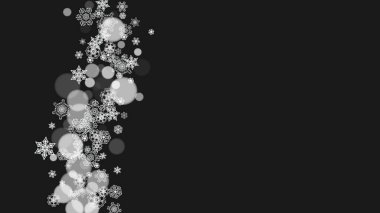 Snowflake border for Christmas and New Year holidays. Horizontal snowflake border on black background. For banners, gift coupons, vouchers, ads, party events. Falling frosty snow.