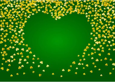 Aziz Patrick Günü için yonca arka planı. Şanslı folyo konfetisi. Yonca yapraklarından parlak bir çerçeve. Hediye kuponları, kuponlar, reklamlar, etkinlikler için şablon. Mutlu yoncalar..