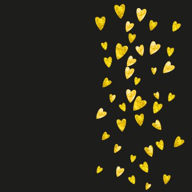 Sevgililer günü çerçevesinde altın parıltılı kalpler. 14 Şubat günü. Sevgililer Günü şablonu için vektör konfetisi. Grunge el çizimi dokusu. Özel iş teklifi, afiş, broşür için aşk teması.