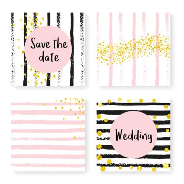 Parlak konfeti ve çizgili düğün davetiyesi. Siyah ve pembe arka planda altın kalpler ve noktalar. Düğün davetiyeli tasarım parti, etkinlik, düğün partisi, tarih kartı kaydet.