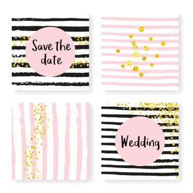 Çizgili düğün simleri konfetisi. Davetiye ayarlandı. Siyah ve pembe arka planda altın kalpler ve noktalar. Parti, etkinlik, gelin partisi için düğün simli tasarım, tarih kartını kaydet.