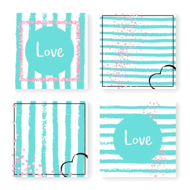 Çizgili düğün konfetisi. Davetiye ayarlandı. Nane ve beyaz arka planda pembe kalpler ve noktalar. Parti için düğün konfetisi tasarımı, etkinlik, gelin partisi, tarih kartı kaydet.