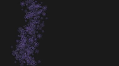 Ultraviyole karla kaplı kar taneleri sınırı. Hediye kuponları, kuponlar, reklamlar, parti etkinlikleri için kış çerçevesi. Tatil afişi için kar tanesi sınırlı bir Noel arkaplanı. Yeni yıl karlı arkaplanı