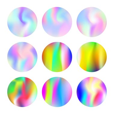 Holografik soyut arkaplanlar ayarlandı. Gradyan örgülü sıvı holografik arkaplan. 90 'lar, 80' ler modası. Pankart, el ilanı, kapak, mobil arayüz, web uygulaması için Pearlescent grafik şablonu.