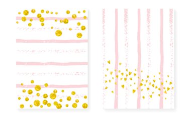 Üzerinde noktalar ve pullar olan düğün davetiyesi. Altın yaldızlı konfeti ile hazırlanmış gelin duşu. Dikey çizgili arka plan. Parti için lüks düğün kartı, olay, tarih ilanını kaydet.