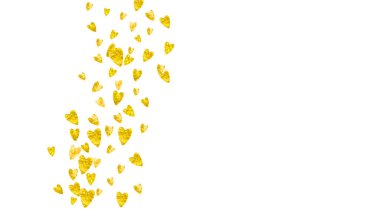 Sevgililer günü kalbi altın parıltılarıyla parıldıyor. 14 Şubat günü. Sevgililer günü kalp şablonu için vektör konfetisi. Grunge el çizimi dokusu. Parti daveti, perakende satış teklifi ve reklam için aşk teması.