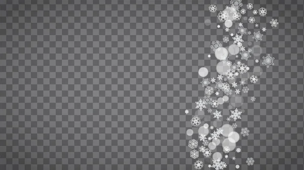 透明な灰色の背景にブリザードの雪片 パーティー招待状 バナー 販売のための冬の販売 クリスマスと新年のデザイン 水平冬の窓 魔法の雪片 銀吹雪のフレーク — ストックベクタ
