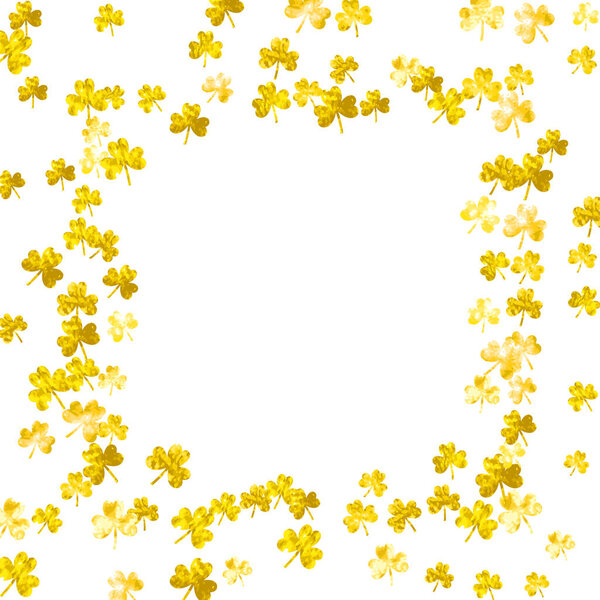 Фон трилистника ко Дню Святого Патрика. Счастливые конфетти из трилистника. Блестящая рамка листьев клевера. Шаблон для вечеринки, розничного предложения и рекламы. Веселый шумный фон.