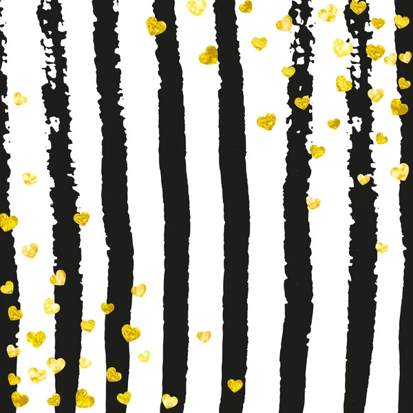 Gold Glitter Hearts Confetti Black Stripes Shiny Random Falling Sequins — Stock Vector