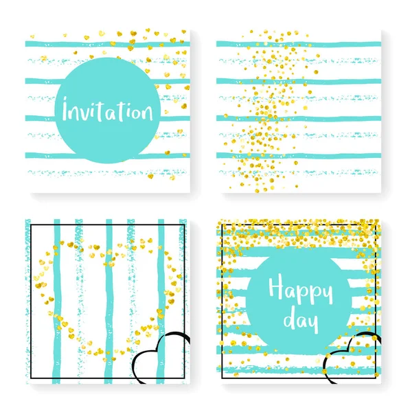 Wedding Stripes Glitter Confetti Invitation Set Gold Hearts Dots Mint — Stock Vector