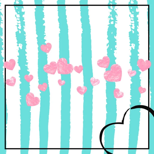 Confettis Coeur Rose Pailleté Sur Rayures Turquoise Paillettes Chute Aléatoires — Image vectorielle