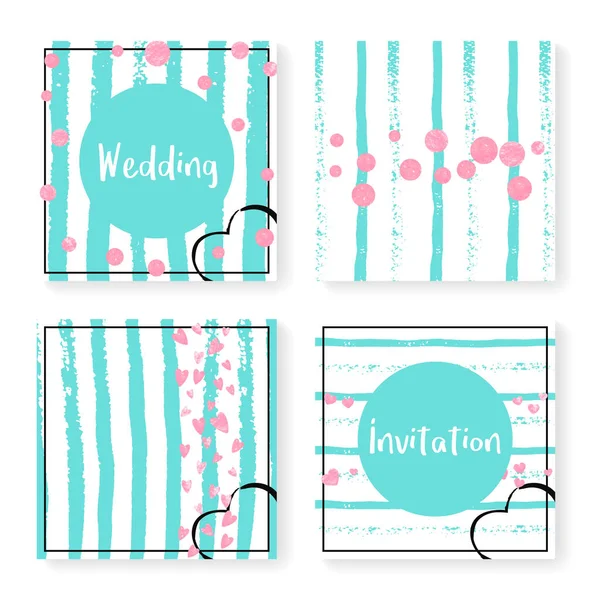 Conjunto Invitaciones Boda Con Confeti Brillo Rayas Corazones Puntos Rosados — Vector de stock