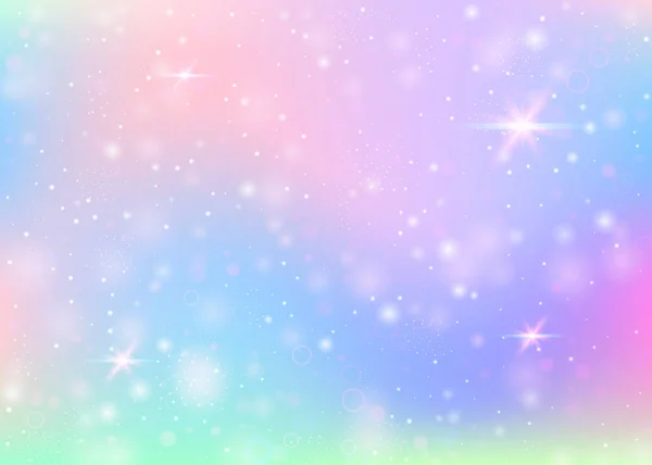 虹色のメッシュでホログラフィックな背景 プリンセスカラーのカラフルな宇宙バナー ホログラムでファンタジーグラデーションの背景 妖精の輝きとホログラフィックな魔法の背景 星とぼかし — ストックベクタ