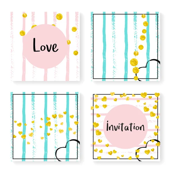 Wedding Invitation Set Glitter Confetti Stripes Gold Hearts Dots Pink — Stock Vector