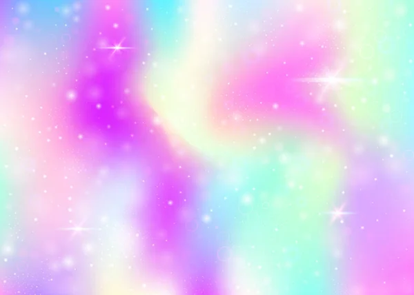 虹色のメッシュでホログラフィックな背景 プリンセスカラーのガーリー宇宙バナー ホログラムでファンタジーグラデーションの背景 妖精の輝きとホログラフィックユニコーンの背景 星とぼかし — ストックベクタ