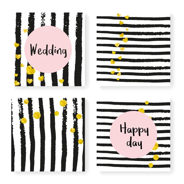 Wedding Glitter Confetti Stripes Invitation Set Gold Hearts Dots Black — Stock Vector