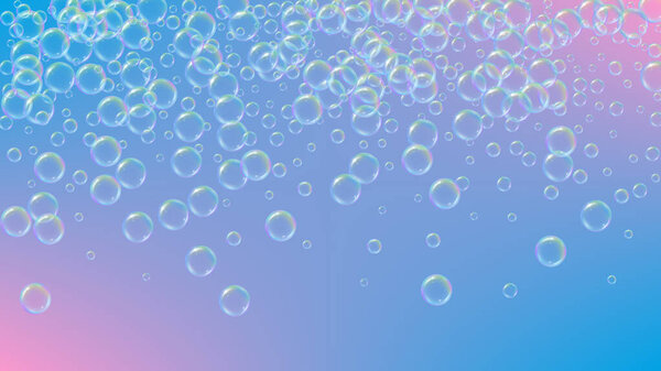 Fizz background with shampoo foam and soap bubbles. Creative spray and splash. Realistic water frame and border. 3d vector illustration flyer. Purple colorful liquid fizz.