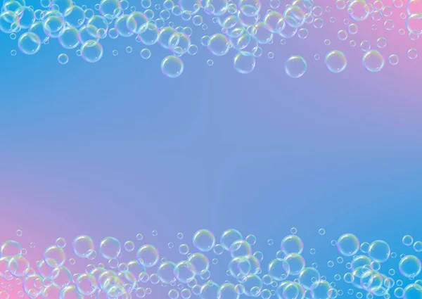 梯度背景上的肥皂泡沫 现实的水泡3D 凉爽的彩虹色液体泡沫与洗发水泡沫 横向化妆品传单及邀请函 洗澡水和淋浴用肥皂泡沫 病媒Eps10 — 图库矢量图片