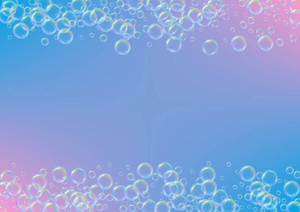 Soap foam on gradient background. Realistic water bubbles 3d. Cool rainbow colored liquid foam with shampoo bubbles. Horizontal cosmetic flyer and invite. Soap foam for bath and shower. Vector EPS10.
