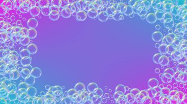 Banyo köpüğü eğimli arka planda. Gerçekçi su kabarcıkları 3 boyutlu. Şampuan köpüklü serin gökkuşağı renkli sıvı köpük. Kozmetik broşür ve davetiye. Banyo köpüğü ve duş için. Vektör EPS10.