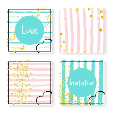 Çizgili düğün konfetisi. Davetiye ayarlandı. Pembe ve nane arkaplanda altın kalpler ve noktalar. Parti için düğün konfetisi tasarımı, etkinlik, gelin partisi, tarih kartı kaydet.