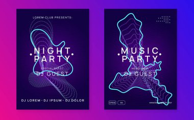 DJ etkinliği. Dinamik gradyan şekil ve çizgi. Parlak diskotek daveti seti. DJ olayı neon broşürü. Tekno trans partisi. Elektro dans müziği. Elektronik ses. Kulüp festivali posteri.