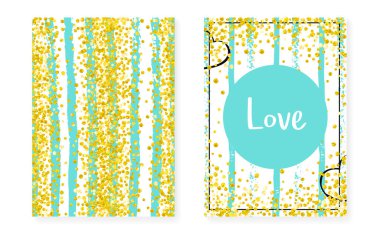 Noktalı ve pullu bir düğün. Altın yaldızlı konfetiyle düğün davetiyesi. Dikey nane çizgili arka plan. Hipster düğün seti parti için, olay, tarih ilanını kaydet