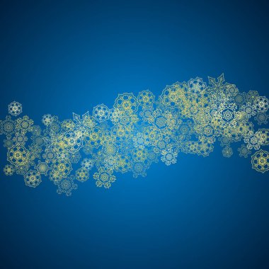 Mavi arka planda yeni yıl karı. Altın parıltılı kar taneleri. Noel ve Yeni Yıl kar arka planda yağıyor. Sezon satışları, özel teklifler, afişler, kartlar, parti davetiyeleri, el ilanları. Mavide dondurucu kış.