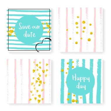 Çizgili düğün konfetisi. Davetiye ayarlandı. Pembe ve nane arkaplanda altın kalpler ve noktalar. Parti için düğün konfetisi tasarımı, etkinlik, gelin partisi, tarih kartı kaydet.