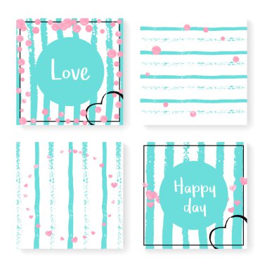 Parlak konfetiyle düğün çizgileri. Davetiye ayarlandı. Nane ve beyaz arka planda pembe kalpler ve noktalar. Parti, etkinlik, düğün öncesi parti için çizgili şablon, tarih kartını kaydet.