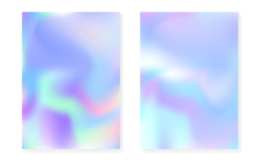 Holografik gradyan ile Pearlescent arkaplan. Hologram örtüsü hazır. 90 'lar, 80' ler modası. Pankart, sunum, afiş, broşür için grafik şablon. Moda inci arkaplan seti.