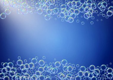 Banyo köpüğü eğimli arka planda. Gerçekçi su kabarcıkları 3 boyutlu. Şampuan köpüklü serin gökkuşağı renkli sıvı köpük. Yatay kozmetik broşür ve davetiye. Banyo köpüğü banyo ve duş için..