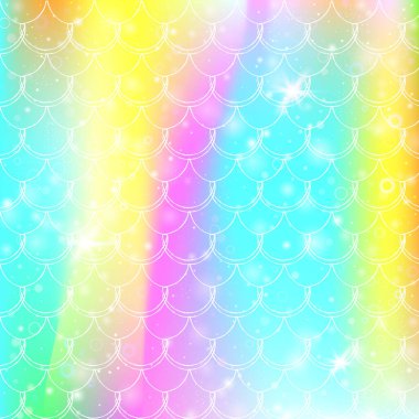 Kawaii gökkuşağı desenli prenses denizkızı geçmişi. Sihirli parıltılı ve yıldızlı balık kuyruğu afişi. Kız partisi için deniz fantezisi davetiyesi. Hologram Prenses Deniz Kızı arkaplanı.