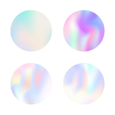 Holografik soyut arkaplanlar ayarlandı. Gradyan örgülü modaya uygun holografik zemin. 90 'lar, 80' ler modası. Pankart, el ilanı, kapak, mobil arayüz, web uygulaması için Pearlescent grafik şablonu.