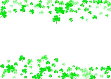 Aziz Patrick Günü için yonca arka planı. Şanslı folyo konfetisi. Yonca yapraklarından parlak bir çerçeve. Hediye kuponları, kuponlar, reklamlar, etkinlikler için şablon. Dublin yonca arka planı.