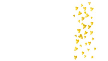 Kalp konfetisi arka planında altın parıltısı var. Sevgililer Günü. Vektör çerçevesi. El yapımı doku. Poster, hediye çeki ve afiş için aşk teması. Kalp konfetisiyle düğün ve gelin şablonu.