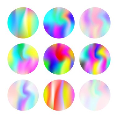 Holografik soyut arkaplanlar ayarlandı. Gradyan örgülü sıvı holografik arkaplan. 90 'lar, 80' ler modası. Pankart, uçucu, kapak, mobil arayüz, web uygulaması için yanardöner grafik şablonu.