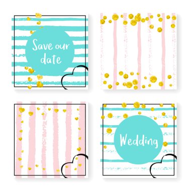 Parlak konfeti ve çizgili düğün davetiyesi. Pembe ve nane arkaplanda altın kalpler ve noktalar. Düğün davetiyeli tasarım parti, etkinlik, düğün partisi, tarih kartı kaydet.